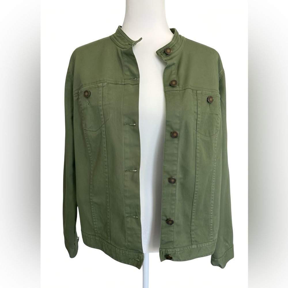 Charter Club Utility Jacket Women’s L Green Cotton Blend Military Button Front - Picture 2 of 8
